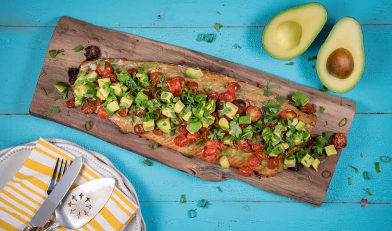 Cuban-style Grilled Salmon with Avocado, Baby Tomato, and Herb Salsa