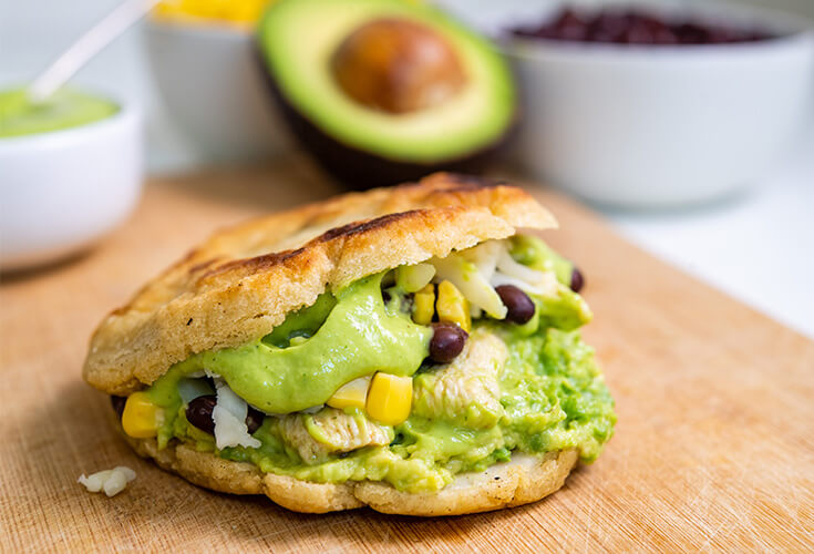 Chicken, Black Beans, and Avocado Arepas with Avocado Dressing