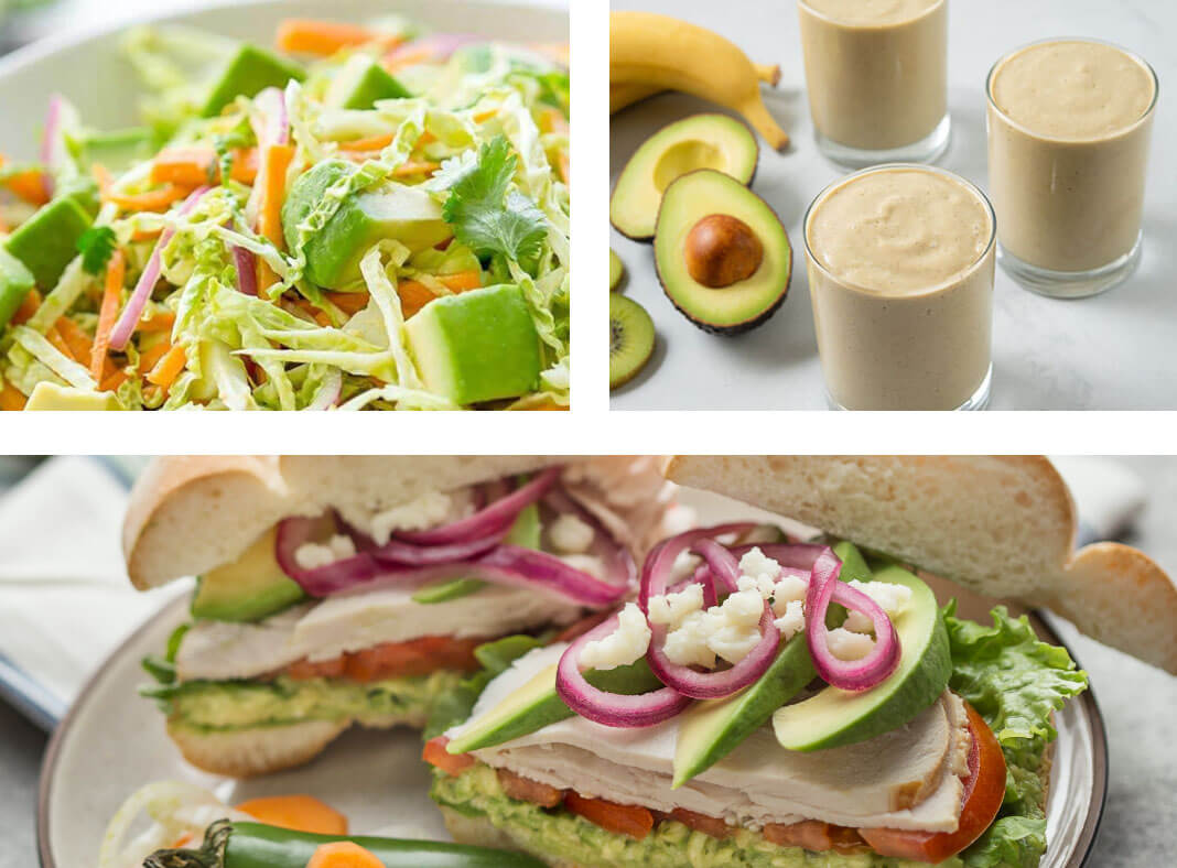 avocado salad, avocado smoothie, avocado sandwich