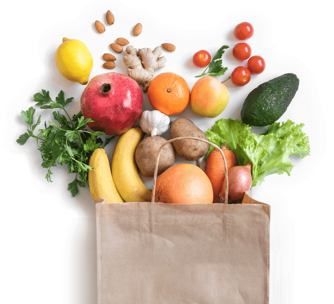 grocery bag with healthy fruits and vegetables