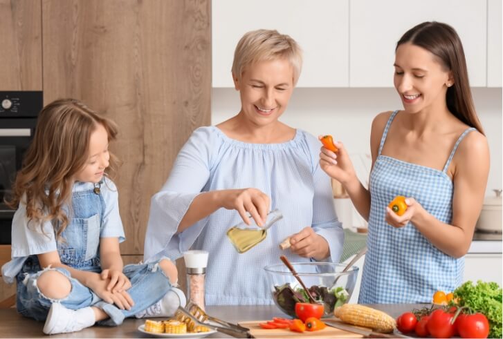 three generations of women eating healthy