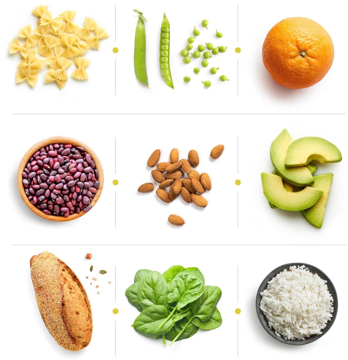 Grid of folate foods: pasta, peas, orange, beans, almonds, avocado, bread, spinach and rice