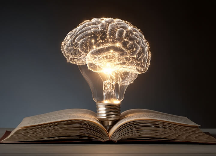 artistic looking brain lighting up a book below it
