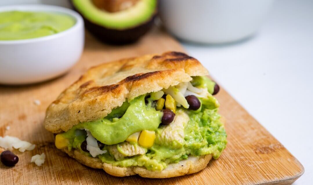 Chicken, Black Beans and Avocado Arepas with Avocado Dressing